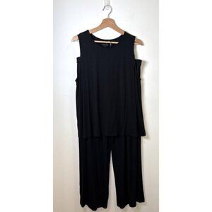 J.JILL‎ Wearever 2pc Set Large Black Pleated Wide Leg Pant Flowy Tank Pull On L